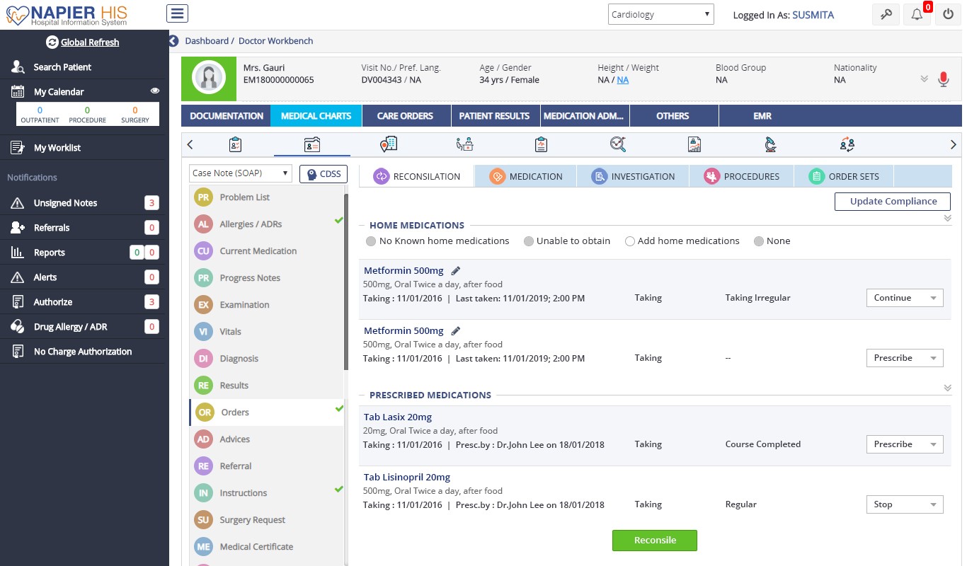 screenshot of Napier Hospital Information System